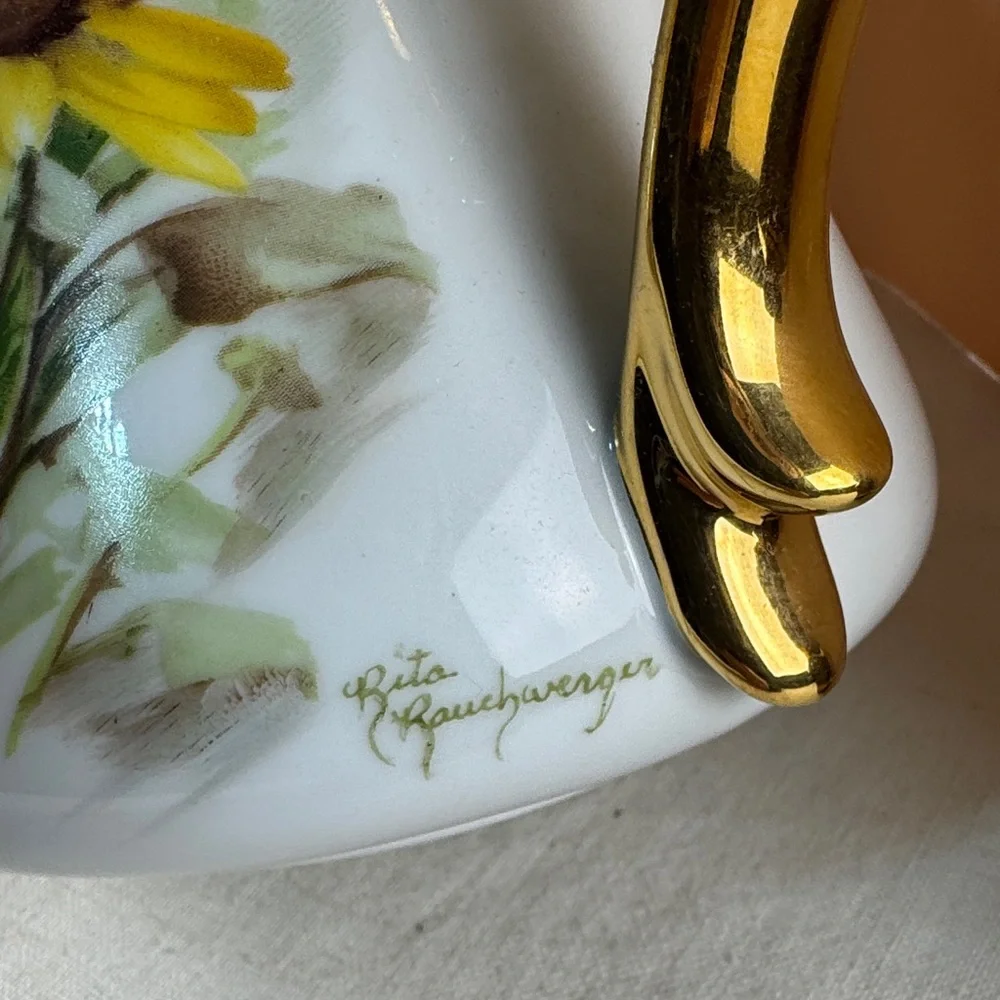 Rita Rauchwerger Hand Painted Floral Pitcher with Gold Handle - Picture 4 of 15